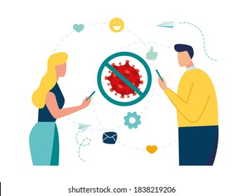 Vector illustration of New Coronavirus (2019-nKoV), people in white medical mask communicate through social networks online. ban on contact, Quarantine coronavirus concept vector