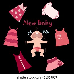 Vector illustration of a new crying baby and several pinkish articles of baby clothes on a black background.