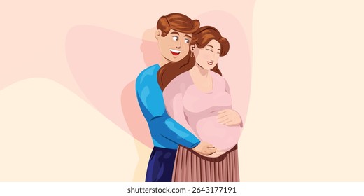 Vector illustration of New family with man carefully embraced the pregnant woman.  Husband and pregnant wife are expecting a baby, young parent.