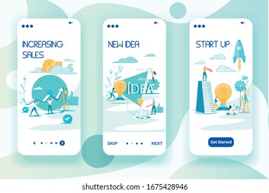 Vector Illustration New Idea, Start Up, Cartoon. Set Increasing Sales. Men in Business Suits Carry Large Curved Arrow to Large Target. People Stand near Big Light Bulb and Lettering Idea.