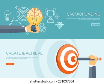 Vector illustration. New ideas and smart solutions, business aims and target. Achievements and brainstorm. Teamwork.