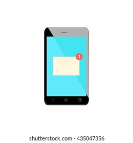 Vector illustration new message in smartphone. White envelope letter with counter notification. Concept of incoming email message. Mail delivery service. Newsletter announcement