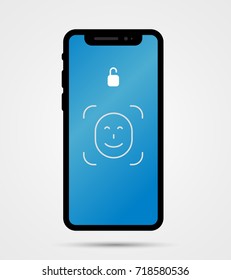 Vector illustration of new mobile phone front side with face id technology. Isolated smartphone mockup with lock screen on white background with shadow. Realistic style design of phone eps10 format