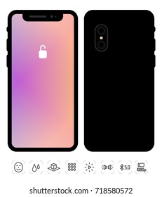 Vector illustration of new mobile phone front and back side. Isolated smartphone mockup with lock colorful screen on white background with icon set. Realistic style design of phone eps10 format of web