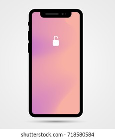 Vector illustration of new mobile phone front side. Isolated smartphone mockup with lock colorful screen on white background with shadow. Realistic style design of phone eps10 format for web, banner