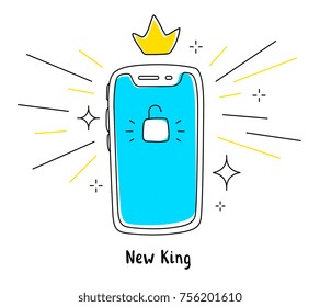 Vector illustration of new mobile phone front side. Smartphone with lock blue screen and crown on white background. Line art doodle style design of phone for web, site, banner, advertising