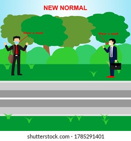 Vector illustration of new normal. 2 men wear masks outside the house