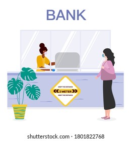 Ilustración vectorial Nuevo cliente normal del banco y empleado bancario en máscaras protectoras que mantienen distancia social. El distanciamiento social. Reducción del riesgo de infección, medidas de prevención. Diseño de página web, impresión