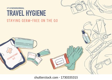 Vector illustration of New Normal Lifestyle, Travel safe with hygiene product, Disinfectant kit. Protect yourself from germs, bacteria and virus. Coronavirus (COVID-19)