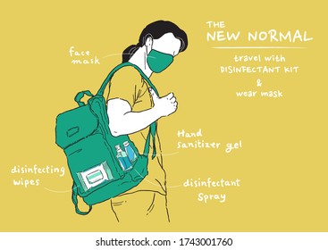 Vector illustration of new normal lifestyle. Man wearing mask and carry disinfectant kit when going out home. Protect yourself from viruses, Coronavirus (COVID-19).