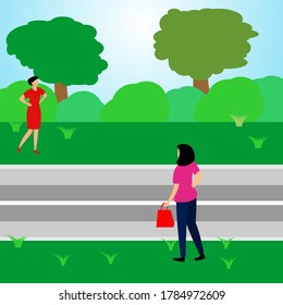 vector illustration of new normal. people apply social distancing, but don't apply wearing masks.