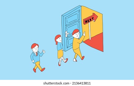 Vector illustration of New opportunities concept. Business people walk to open exit door. 