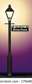 Eine Vektorillustration-Illustration eines New Orleans Bourbon Street Lampenposten und Straßenschild, die auf gelbem und violettem Hintergrund leuchten.