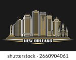 Vector illustration of New Orleans, dark horizontal card with linear design modern United States city scape on nighttime sky background, urban line art concept with unique letters for text new orleans
