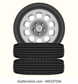 Ilustração vetorial de rodas de carro de inverno novas e brilhantes. Pilha de rodas de carro realistas