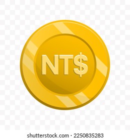 Vector illustration of New Taiwan Dollar coin in gold color on transparent background (PNG).
