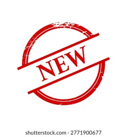 Vector illustration of NEW text written on a red grungy vintage round stamp on a white background.