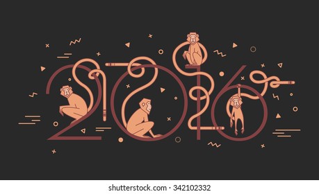 Vector illustration for the new year 2016 with large monkeys on a black background. Modern print on holiday cards