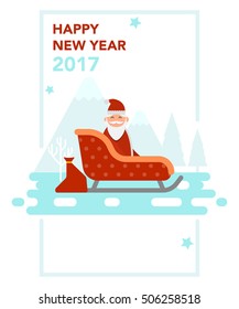 Vector illustration of New Year 2017 greeting with Santa Claus that is sitting in sledge and is going to deliver Christmas gifts and presents to children. New Year and Christmas celebration topic.