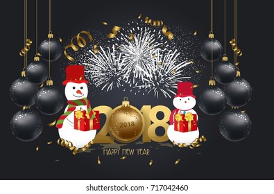 vector illustration of new year 2018 background with christmas confetti gold and snowman