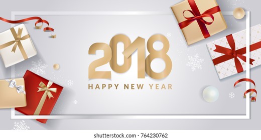 Vector illustration of New Year 2018 greeting card. Design template for greeting card, web banner, flayer brochure, party invitation card.