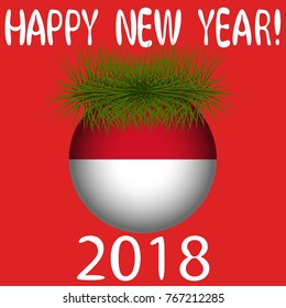 Vector illustration for the New Year 2018 with hand-drawn text "Happy New Year", Christmas tree decoration ball  painted in the colors of the flag of Monaco  and a sprig of Christmas tree