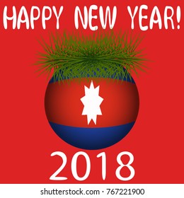 Vector illustration for the New Year 2018 with hand-drawn text "Happy New Year", Christmas tree decoration ball  painted in the colors of the flag of Wa state and a sprig of Christmas tree