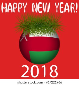 Vector illustration for the New Year 2018 with hand-drawn text "Happy New Year", Christmas tree decoration ball  painted in the colors of the flag of Oman and a sprig of Christmas tree