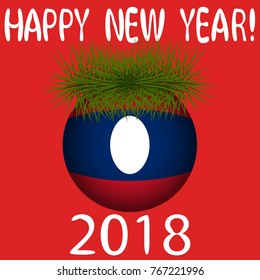 Vector illustration for the New Year 2018 with hand-drawn text "Happy New Year", Christmas tree decoration ball  painted in the colors of the flag of Laos  and a sprig of Christmas tree