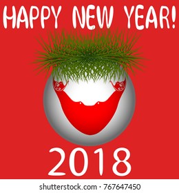 Vector illustration for the New Year 2018 with hand-drawn text "Happy New Year", Christmas decoration ball  painted in the colors of the flag of Isla Pascua (Rapa Nui) and a sprig of Christmas tree