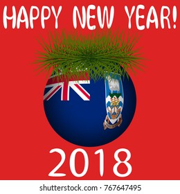 Vector illustration for the New Year 2018 with hand-drawn text "Happy New Year", Christmas tree decoration ball  painted in the colors of the flag of Falkland Islands and a sprig of Christmas tree