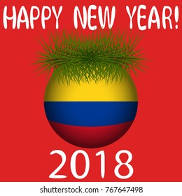 Vector illustration for the New Year 2018 with hand-drawn text "Happy New Year", Christmas tree decoration ball  painted in the colors of the flag of Colombia and a sprig of Christmas tree