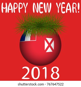 Vector illustration for the New Year 2018 with hand-drawn text "Happy New Year", Christmas tree decoration ball  painted in the colors of the flag of Wallis and Futuna and a sprig of Christmas tree