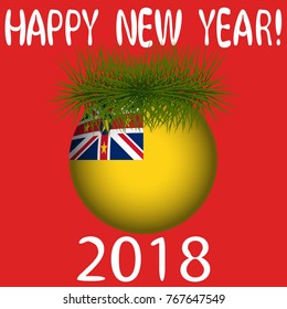 Vector illustration for the New Year 2018 with hand-drawn text "Happy New Year", Christmas tree decoration ball  painted in the colors of the flag of Niue and a sprig of Christmas tree