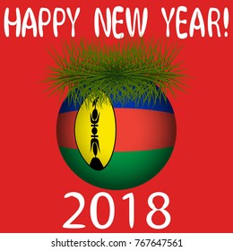 Vector illustration for the New Year 2018 with hand-drawn text "Happy New Year", Christmas tree decoration ball  painted in the colors of the flag of New Caledonia and a sprig of Christmas tree