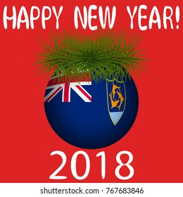 Vector illustration for the New Year 2018 with hand-drawn text "Happy New Year", Christmas tree decoration ball  painted in the colors of the flag of Anguilla and a sprig of Christmas tree