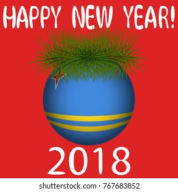 Vector illustration for the New Year 2018 with hand-drawn text "Happy New Year", Christmas tree decoration ball  painted in the colors of the flag of Aruba and a sprig of Christmas tree