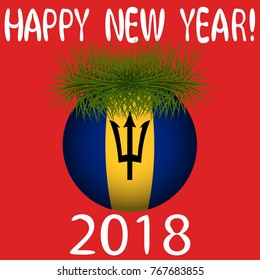Vector illustration for the New Year 2018 with hand-drawn text "Happy New Year", Christmas tree decoration ball  painted in the colors of the flag of Barbados and a sprig of Christmas tree