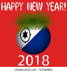 Vector illustration for the New Year 2018 with hand-drawn text "Happy New Year", Christmas tree decoration ball  painted in the colors of the flag of Bonaire and a sprig of Christmas tree