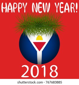 Vector illustration for the New Year 2018 with hand-drawn text "Happy New Year", Christmas tree decoration ball  painted in the colors of the flag of Saint Martin and a sprig of Christmas tree
