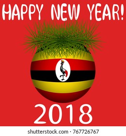 Vector illustration for the New Year 2018 with hand-drawn text "Happy New Year", Christmas tree decoration ball  painted in the colors of the flag of Uganda and a sprig of Christmas tree