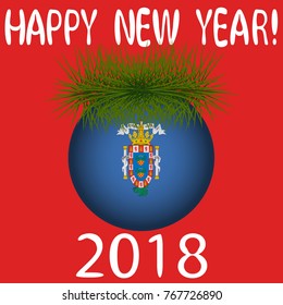 Vector illustration for the New Year 2018 with hand-drawn text "Happy New Year", Christmas tree decoration ball  painted in the colors of the flag of Melilla and a sprig of Christmas tree