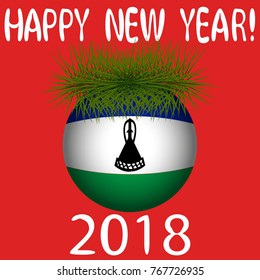 Vector illustration for the New Year 2018 with hand-drawn text "Happy New Year", Christmas tree decoration ball  painted in the colors of the flag of Lesotho and a sprig of Christmas tree