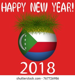 Vector illustration for the New Year 2018 with hand-drawn text "Happy New Year", Christmas tree decoration ball  painted in the colors of the flag of Comoros and a sprig of Christmas tree