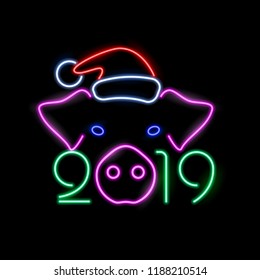 Vector illustration for the New Year 2019. Neon digits and a pig in Santa hat, the symbol of the Chinese year. Isolated on black.