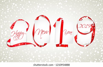 Vector illustration of New Year 2019 made of red ribbons with paper cards and snowfall