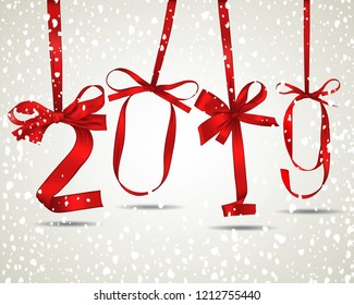 Vector illustration of New Year 2019 made of red ribbons with snowfall