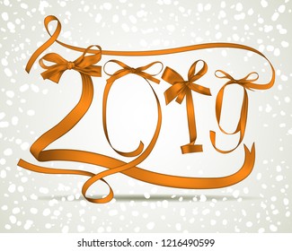 Vector illustration of New Year 2019 made of golden ribbons with snowfall