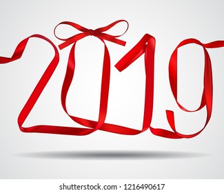 Vector illustration of New Year 2019 made of red ribbons