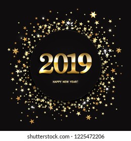 Vector illustration of new year 2019 background with christmas gold stars confetti